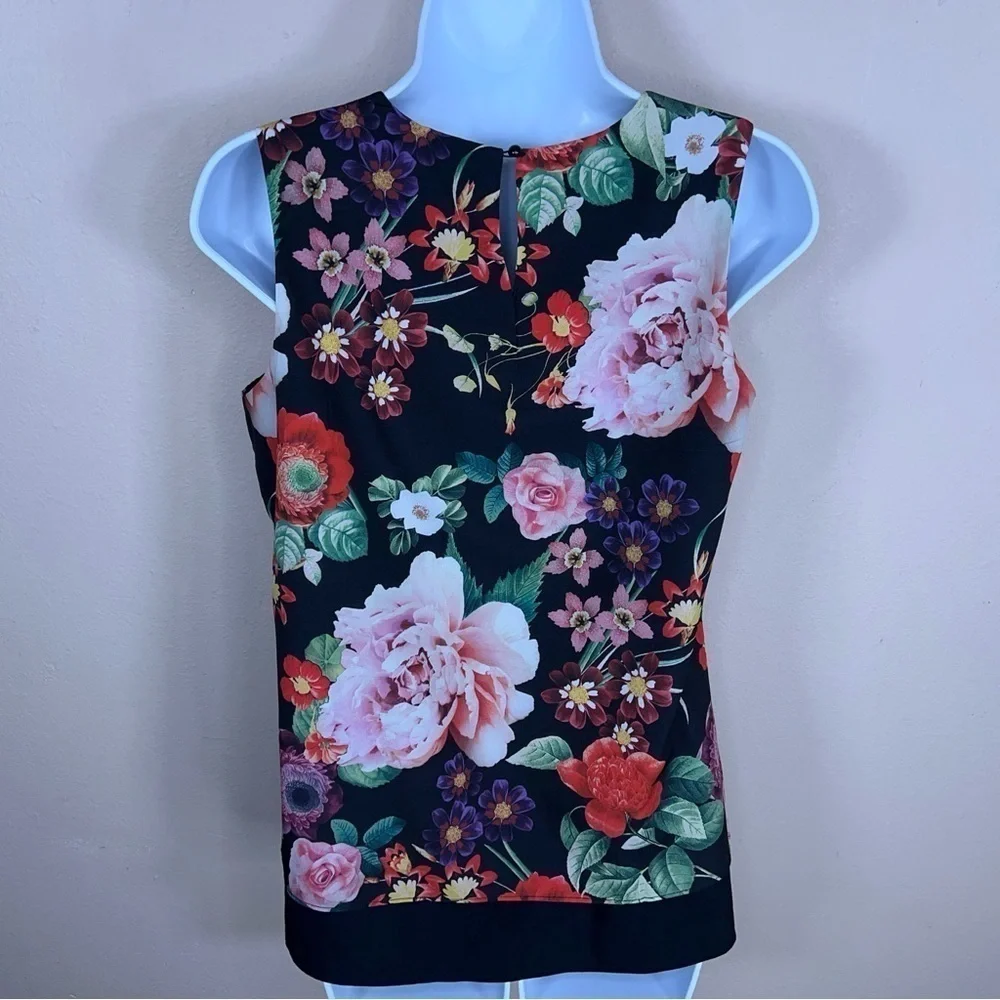 XS NEW YORK AND CO BLACK FLORAL SLEEVELESS BLOUSE LIGHTWEIGHT TOP COLORFUL